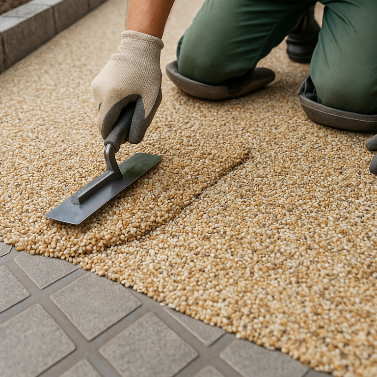 Applique de moquette de pierre sur un sol en béton.